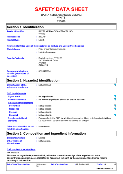 Baxta Xero Advanced Ceiling White Safety Data Sheet.