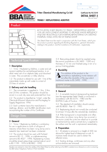 BBA Certificate 95/3210_5 Trimix 1 Replastering Additive