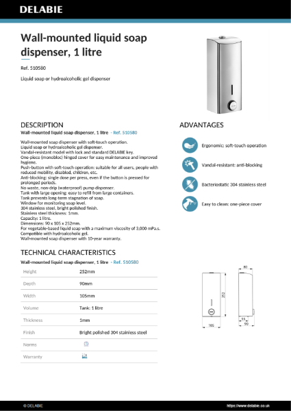 Push-Button Soap Dispenser - Bright Polished, 1 Litre Product Data Sheet