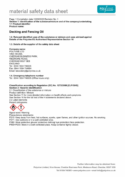 Decking and Fencing Oil Material Safety Data Sheet