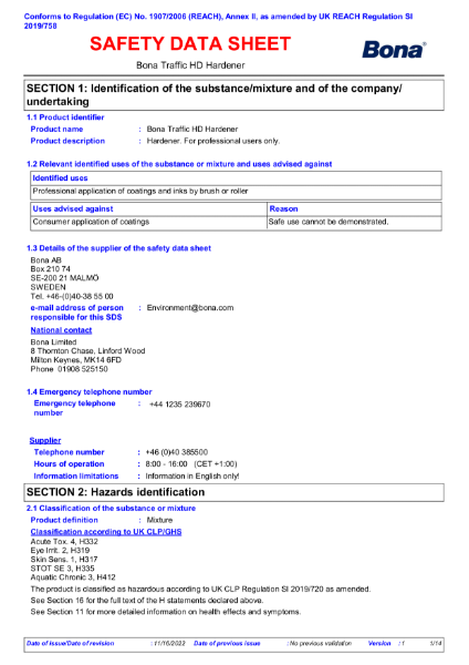 Bona Traffic HD Hardener - Safety Data Sheet