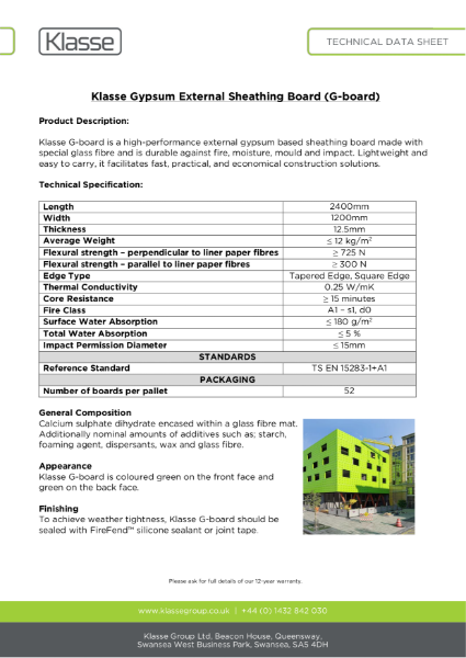 Klasse Gypsum External Sheathing Board (G-board) Data Sheet