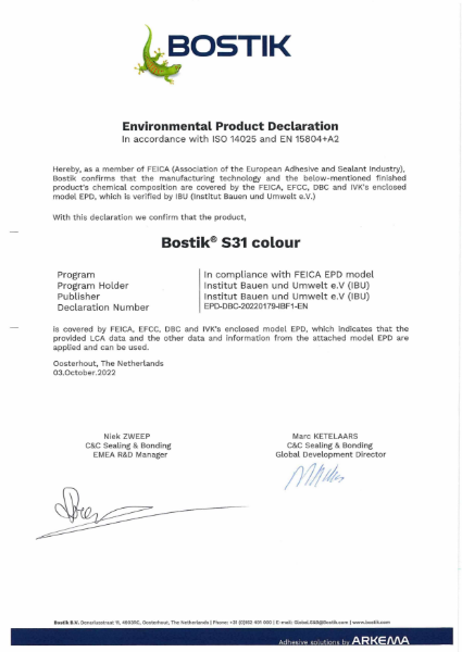 Bostik S31 Silicone (Colours) EPD