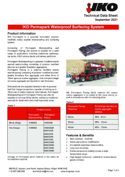 Technical Data Sheet (TDS) - IKO Permapark Waterproof Surfacing System