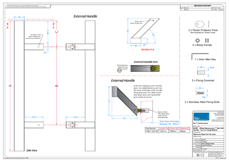 BLU™ - HAB7 Offset Rectangular 'T' Bar Pull Handle Secret Fix