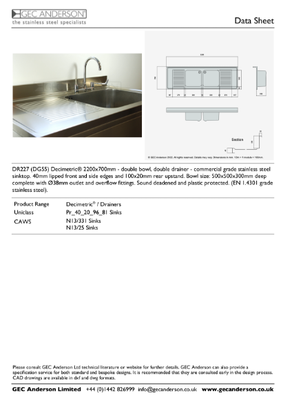 GEC Anderson Data Sheet - DR227 (DG55) Double Bowl With Drainer