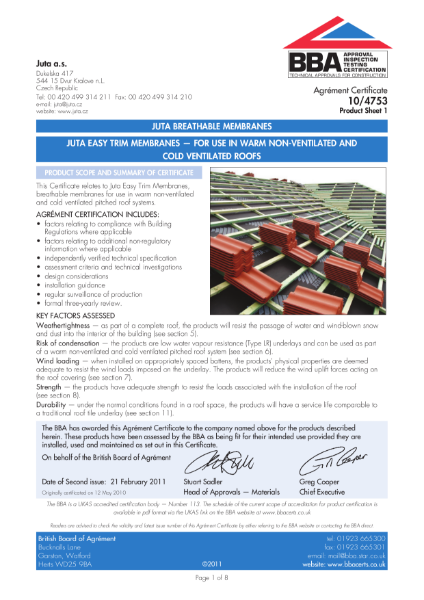 BBA Certificate - Grafter Pro Fortis Ultra Membrane - Cold Ventilated Roofs