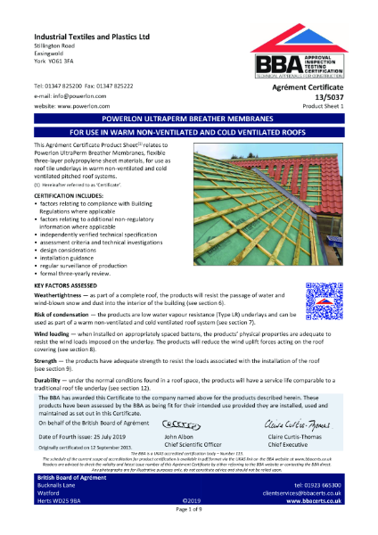 Powerlon® UltraPerm Breather Membranes - For Use In Warm Non-ventilated And Cold Ventilated Roofs 