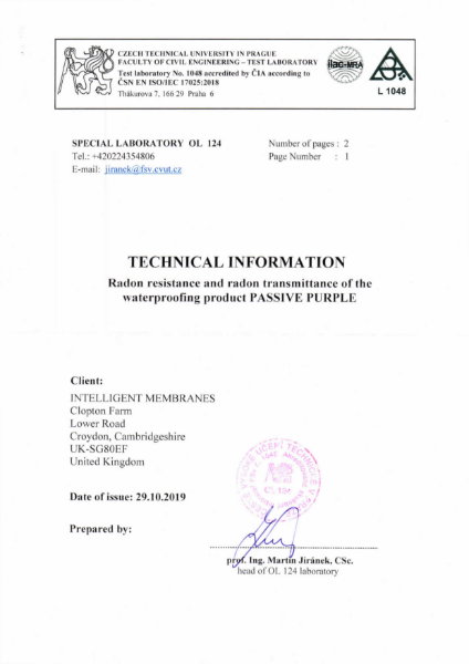 Passive Purple Radon Certificate: Test report no. 124044/2019