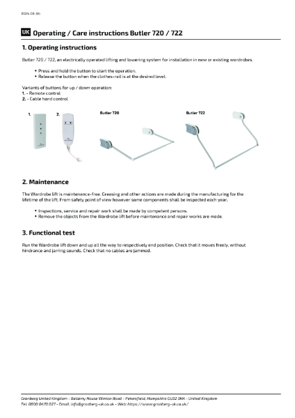 Operating + Care instructions Granberg Butler 722