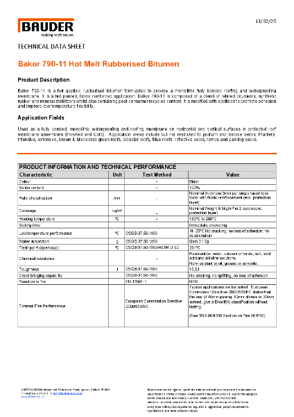 Bauder Bakor 790-11 Hot Melt Rubberised Bitumen - Technical Data Sheet