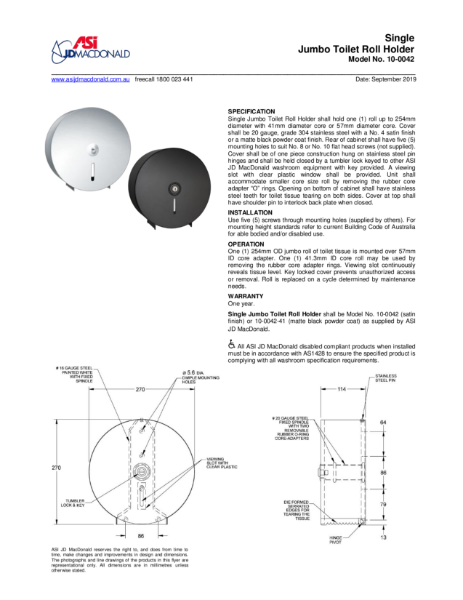 Jumbo Toilet Roll Holder Specification Sheet