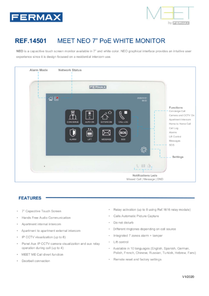 NEO 7" IP Touch Screen Internal Monitor - Entry Level Data Sheet