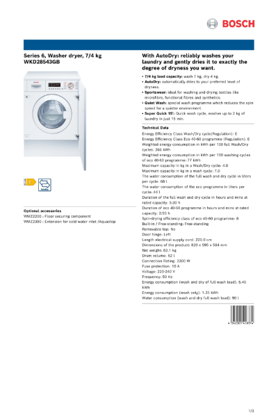 Series 6, Washer dryer, 7/4 kg
WKD28543GB