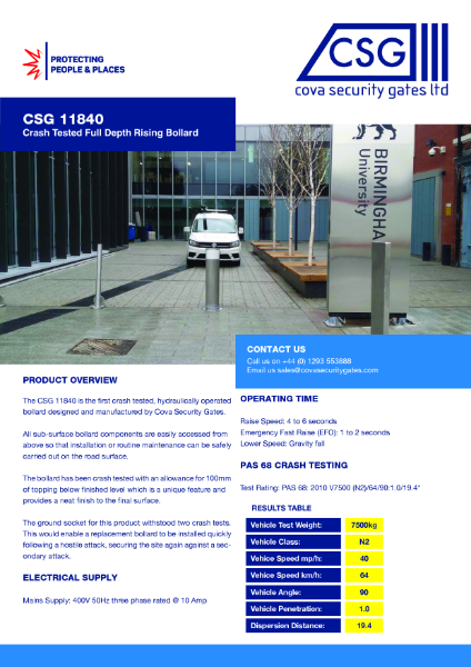 CSG 11840 Crash Tested Full Depth Rising Bollard