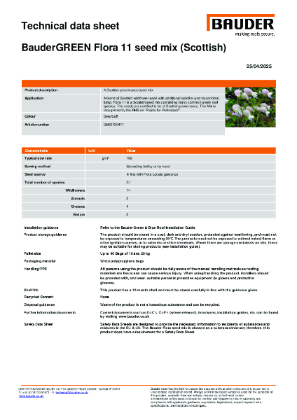 BauderGREEN Flora 11 Seed Mix - Technical Data Sheet