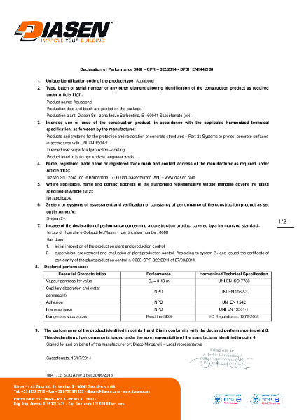 Diasen Aquabond Primer Declaration of Performance (DOP)