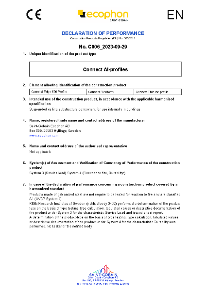 Ecophon Profiles Declaration of Performance Certificate
