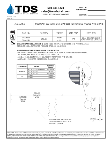 Polycast 600 Series 316L Stainless Wedge Wire Grate - DG0655R