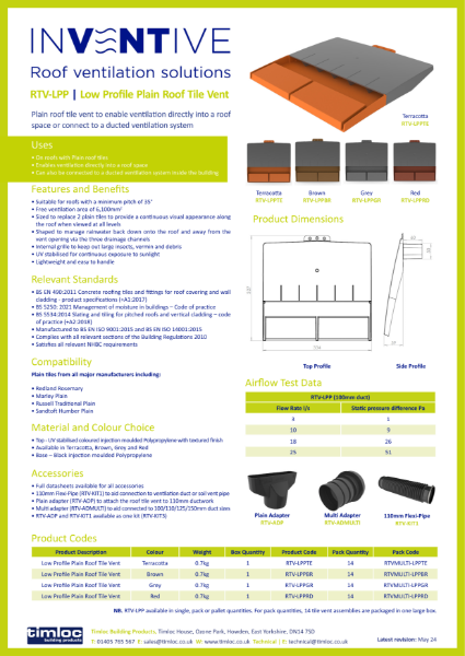 Timloc Building Products RTV-LPP Low Profile Plain Roof Tile Vent Datasheet