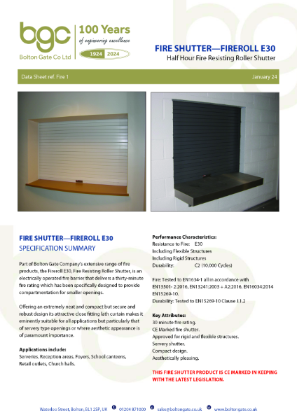 Fire Shutter - Fireroll E30 - Half Hour Fire Resisting Roller Shutter