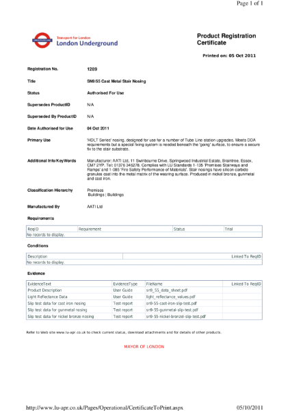 AATi certificate for product ref: SN9/55