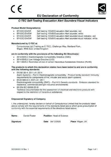 Self-Test Evacuation Alert Sounder EU Declaration of Conformity (CoC)