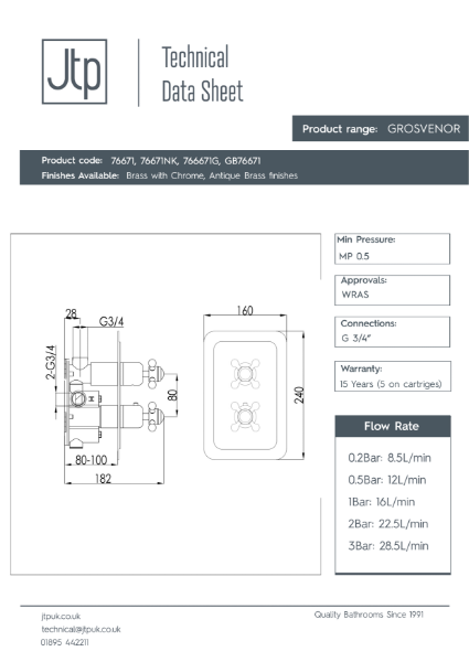 Grosvenor Cross Thermostatic 2 Outlet Shower Valve – Product Data Sheet