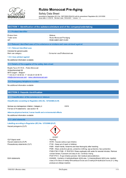 Pre-Aging - Safety Sheet