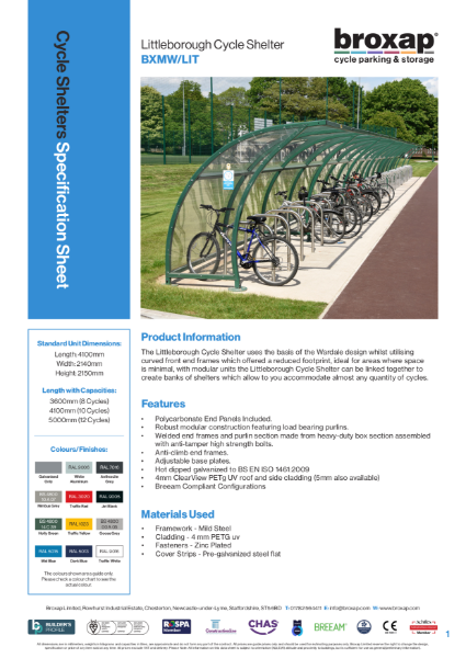 Littleborough Cycle Shelter Specification Sheet