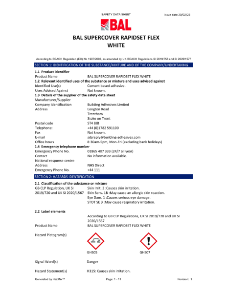 BAL Supercover Rapid Flex White Material Safety Datasheet