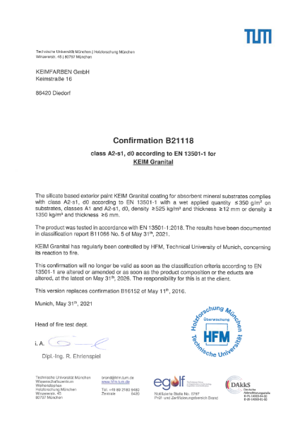 Keim Granital Fire Certificate B21118 May 2021