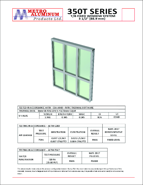 350T Series Strip Window - Thermal, Air and Water - Refrence Chart