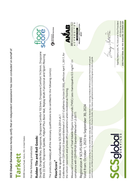 Floorscore Certificate - Tarkett Droptile & Dropzone