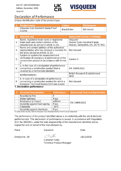 DPC UKCA Visqueen Gas Resistant Damp Proof Course Declaration of Performance