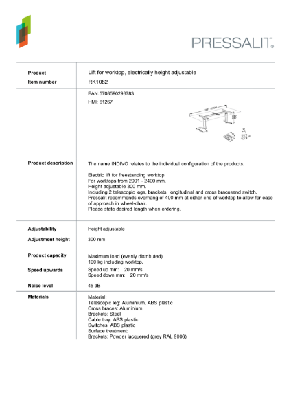 RK1082 - Freestanding lift for kitchen worktop, electrically operated – Product Data Sheet