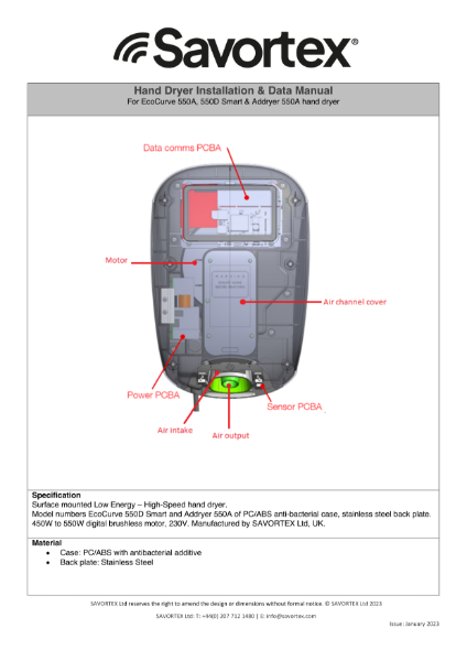 Savortex Hand Dryer Installation & Data manual