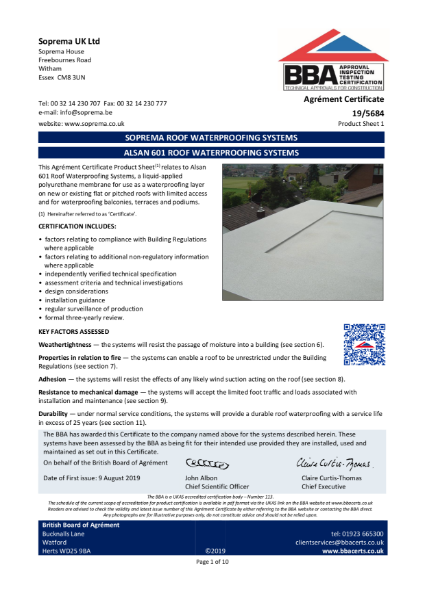 Alsan 601 Roof Waterproofing Systems - A liquid-applied polyurethane membrane for use as a waterproofing layer on new or existing flat or pitched roofs with limited access and for waterproofing balconies, terraces and podiums.