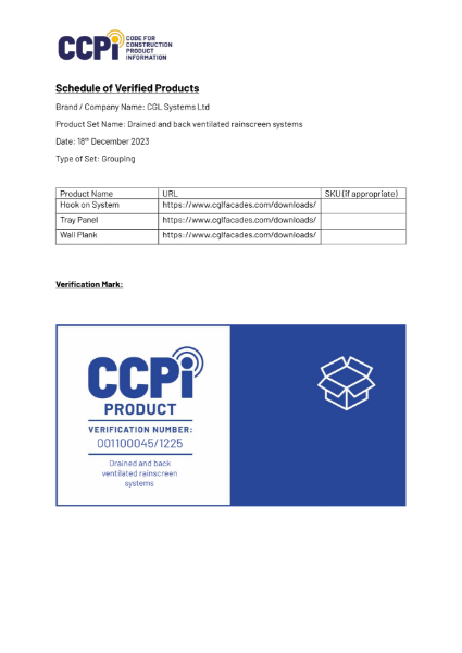 CGL Schedule of Verified Products – Drained and back ventilated rainscreen system