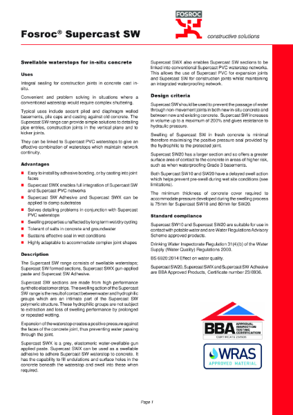 Supercast SW Waterstops Product Datasheet