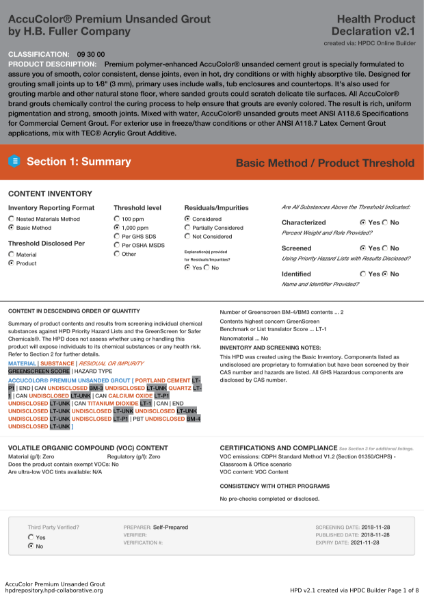 Health Product Declaration - Grout