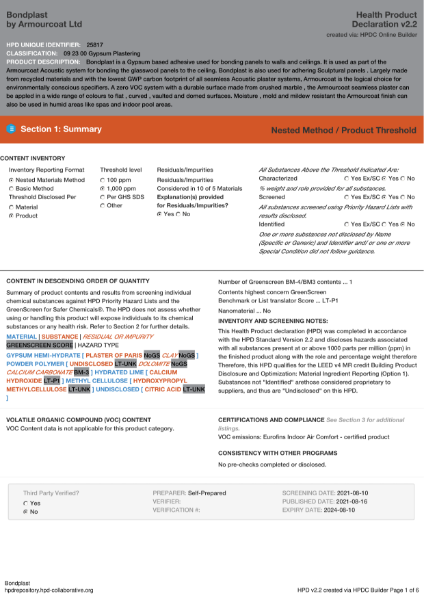 Armourcoat Bondplast - Health Product Declaration