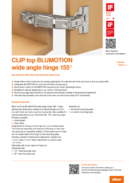 CLIP top BLUMOTION 155 Degree Hinge Specification Text
