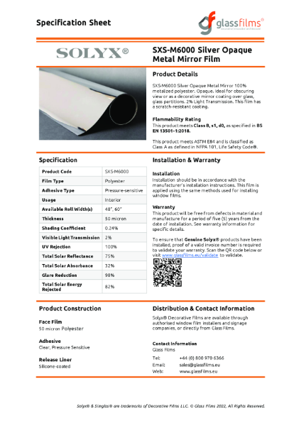 SXS-M6000 Silver Opaque Metal Mirror Specification Sheet