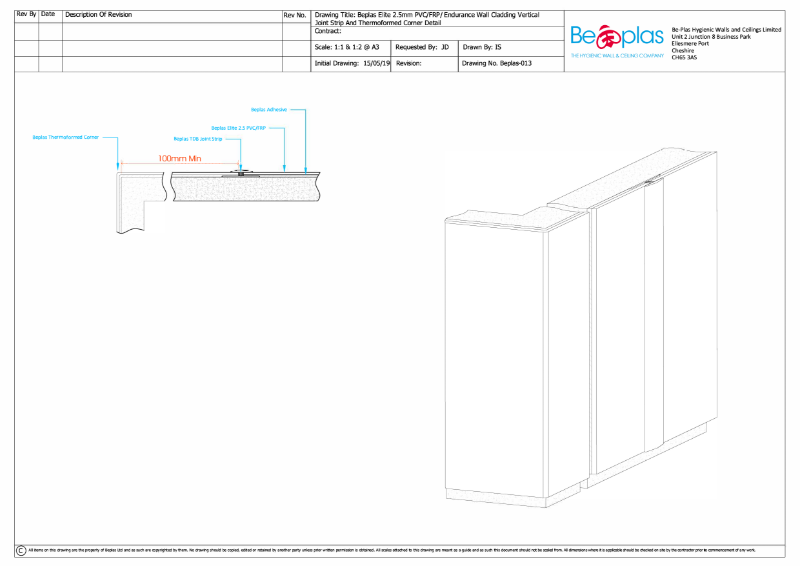 Beplas Elite Komadur 2.5mm/ Endurance/ FRP with vertical joint strip and thermoformed corner detail drawing