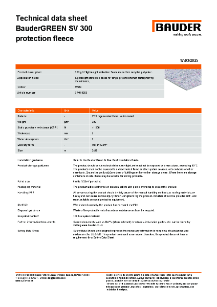 BauderGREEN SV 300 Protection Mat - Technical Data Sheet