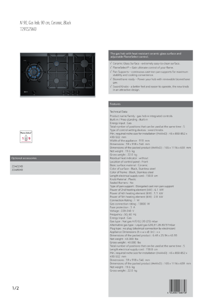 Gas Hobs on Black Glass T29TS79N0, Datasheet