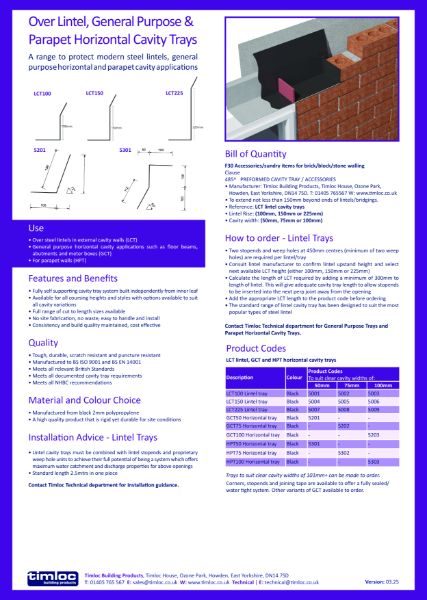 Over Lintel, General Purpose & Parapet Horizontal Cavity Tray Datasheet