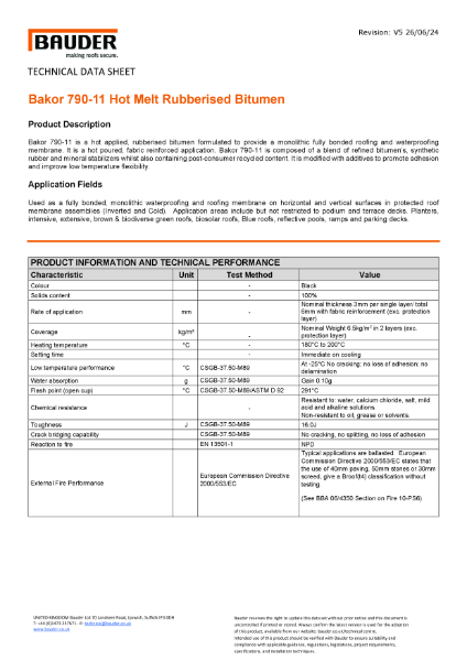 Bauder Bakor 790-11 Hot Melt Rubberised Bitumen - Technical Data Sheet