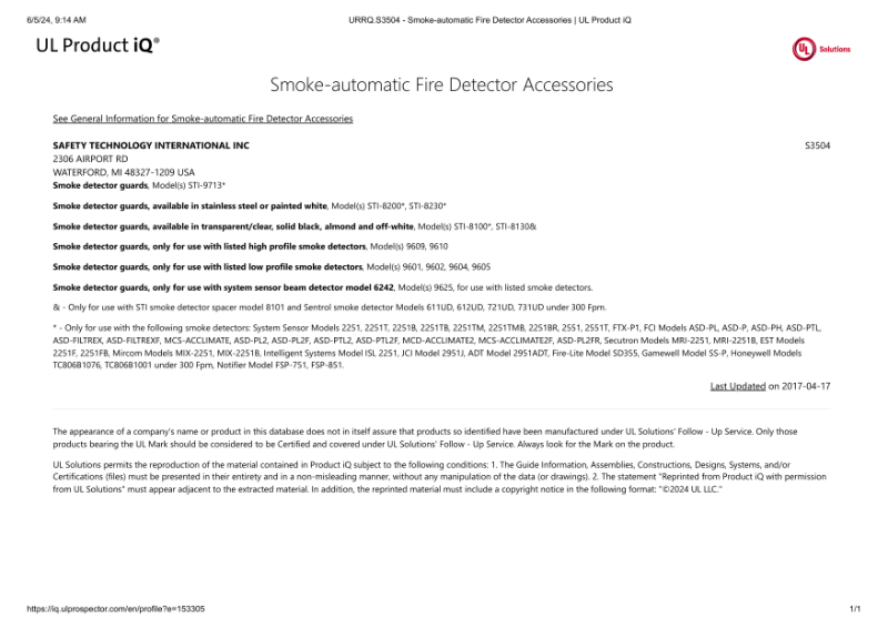 URRQ.S3504 - Smoke-automatic Fire Detector Accessories _ UL Product iQ